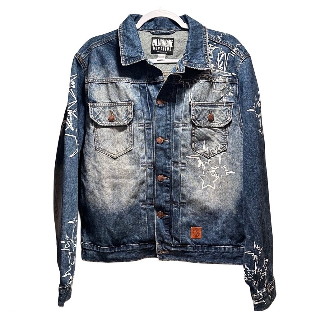 Billionaire Boys Club Button Up Denim Jacket Stars Faded Wash Distressed Collar - Picture 3 of 16